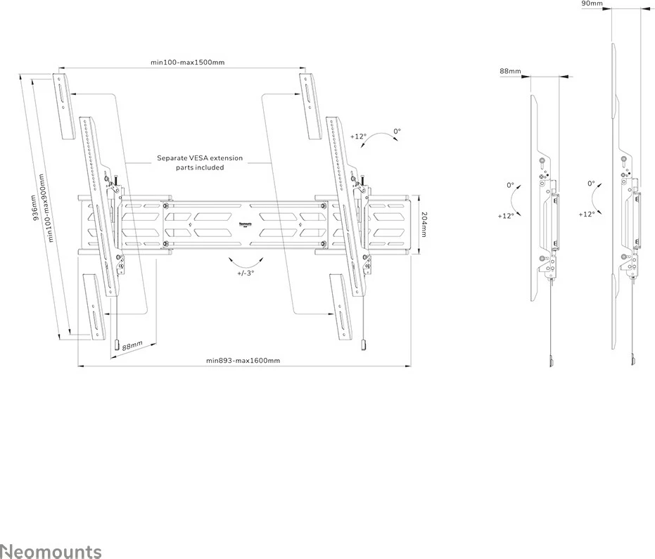 Mbajtës muri heavy duty Newstar WL35S-950BL19, për TV 55-110", i zi, rregullim lartësie e këndi, kapacitet 160 kg