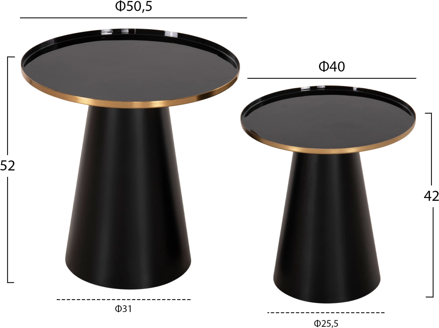 Tavolina kafeje 2 copë, BENG FH9920, sipërfaqe metalike të emaluara, bazë mat, ngjyrë e zezë, Φ50 & Φ40 cm