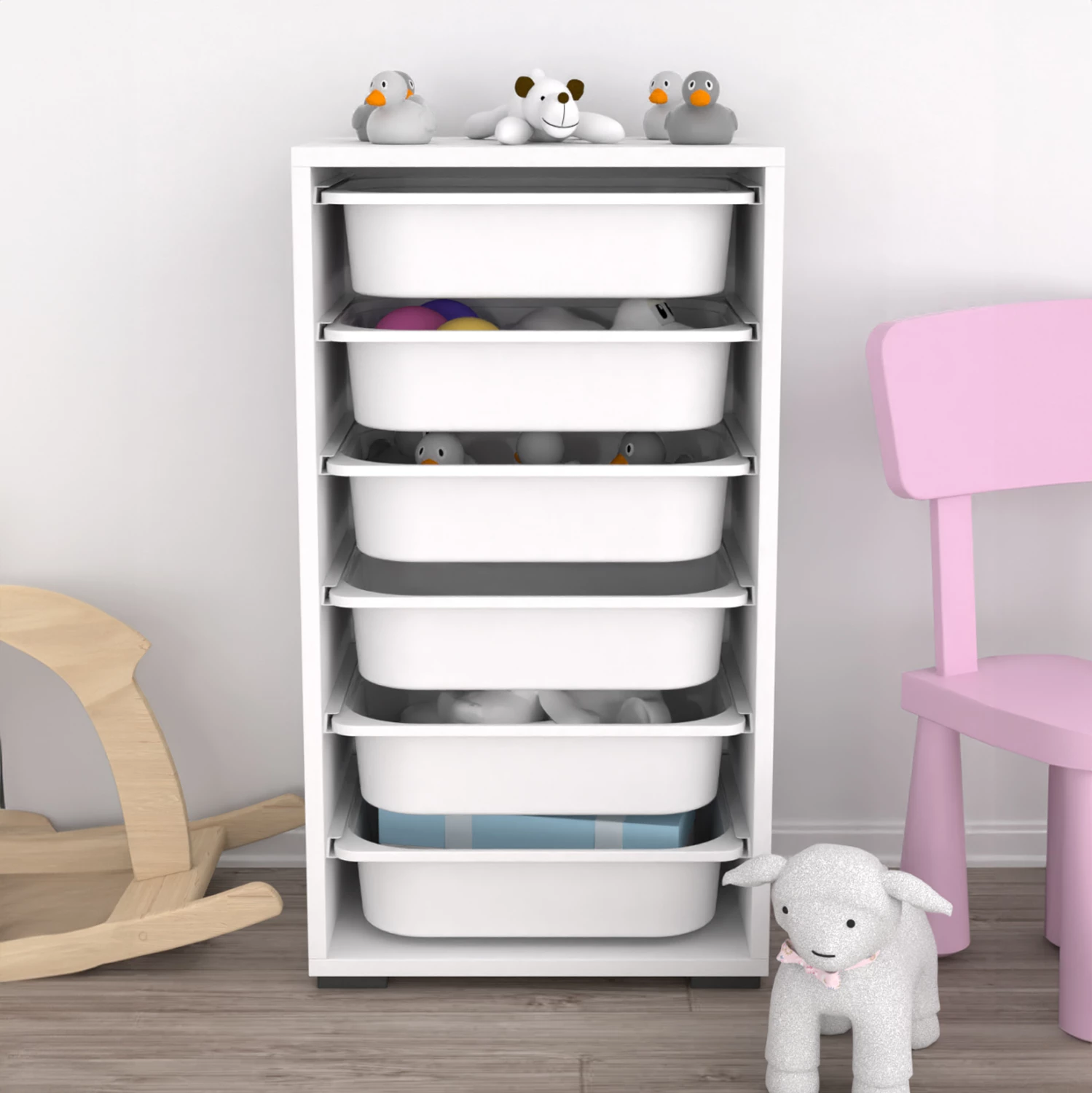 Komodinë SANI FH18215.01 melaminë e bardhë-6 sirtarë plastikë të bardhë 45,5x30x83 cm