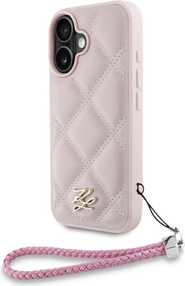 Mbështjellës Karl Lagerfeld Quilted Initial Logo & Chain Strap për iPhone 16, Rozë