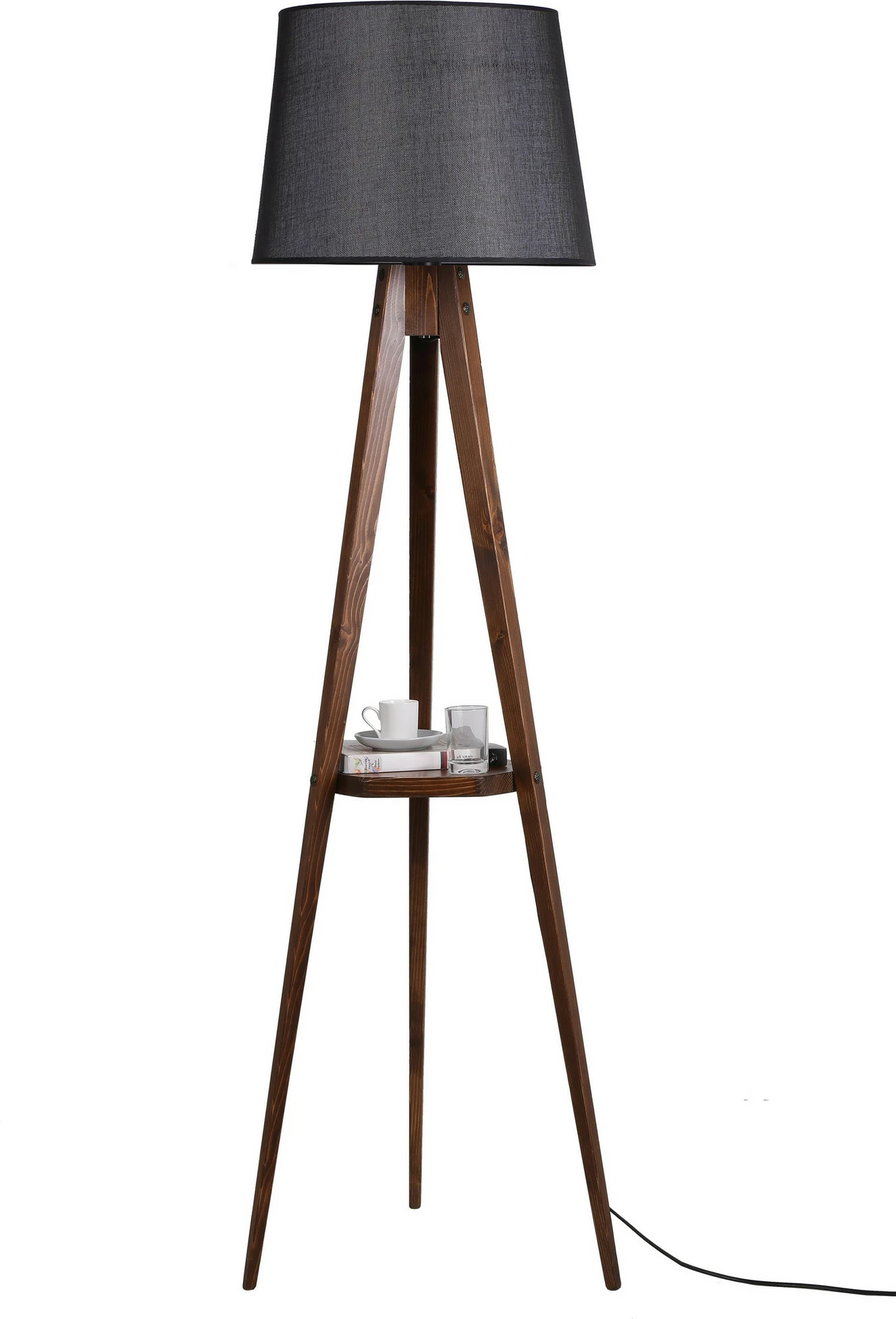Llambë dyshemeje tripod, trup druri, raft, kapak tekstili, ngjyrë e zezë dhe arre, 160cm