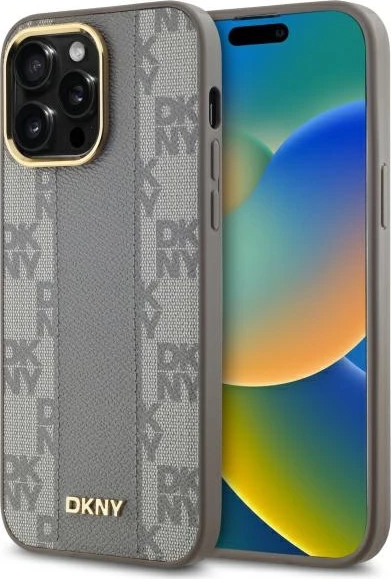 Mbështjellës DKNY Leather Checkered Mono Pattern MagSafe për iPhone 14 Pro Max, Bezhe