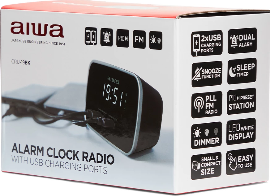 Orë alarmi me radio Aiwa CRU-19BK, FM/PLL, 2 alarme, 2x USB karikim, AUX In, ekran LED i zbehshëm, e zezë