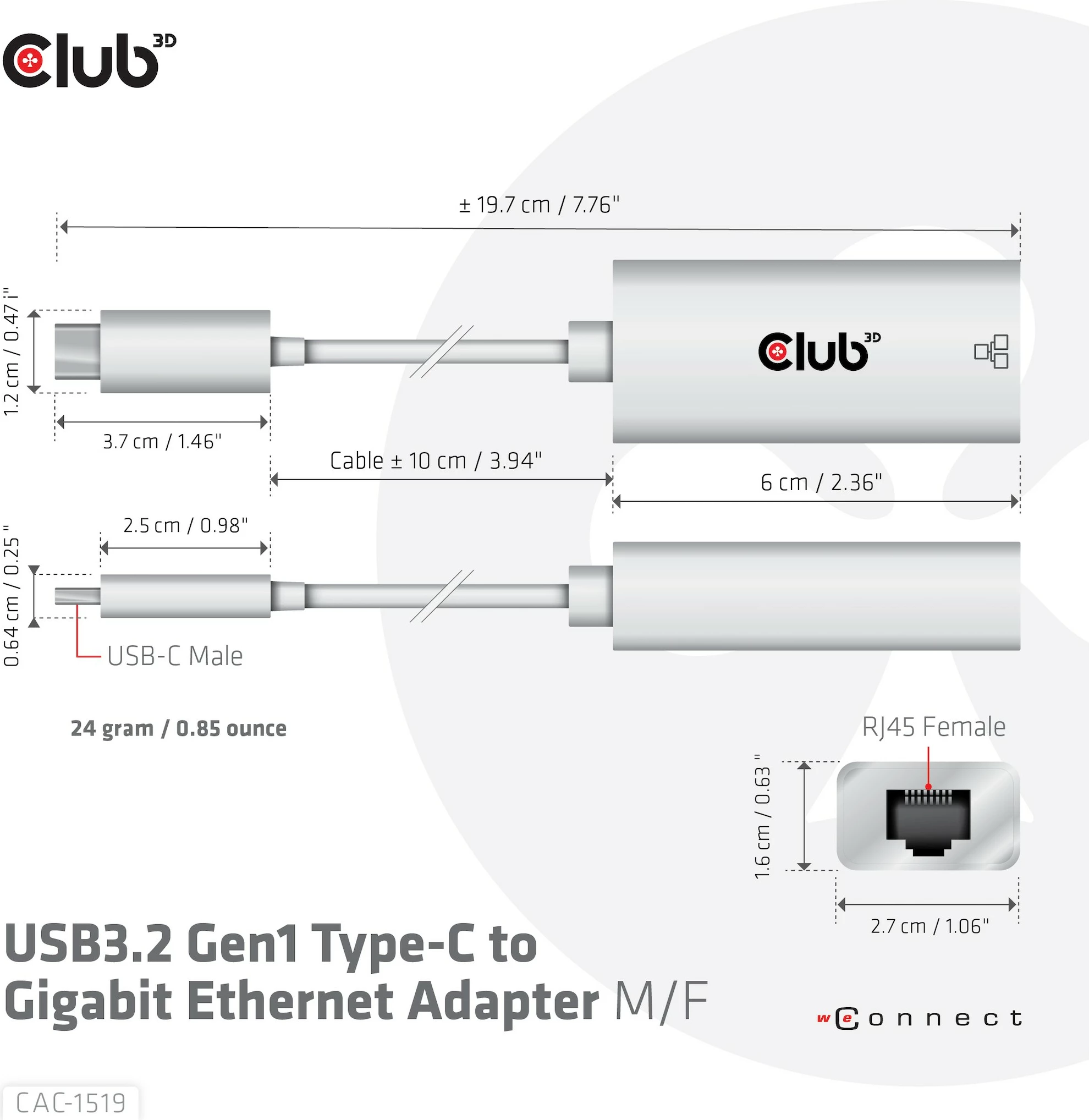 Adapter Club3D USB-C në RJ-45 Gigabit LAN, i bardhë