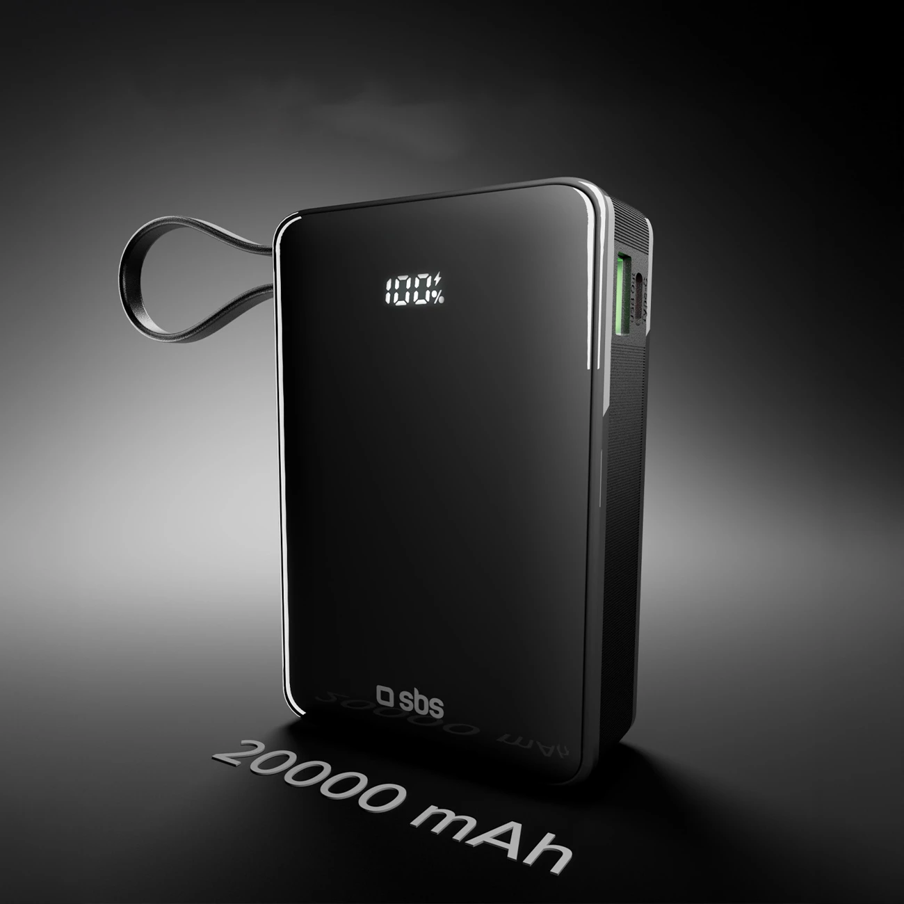 Powerbank SBS 20000 mAh 20W me kabllo USB-C të integruar dhe ekran digjital, e zezë