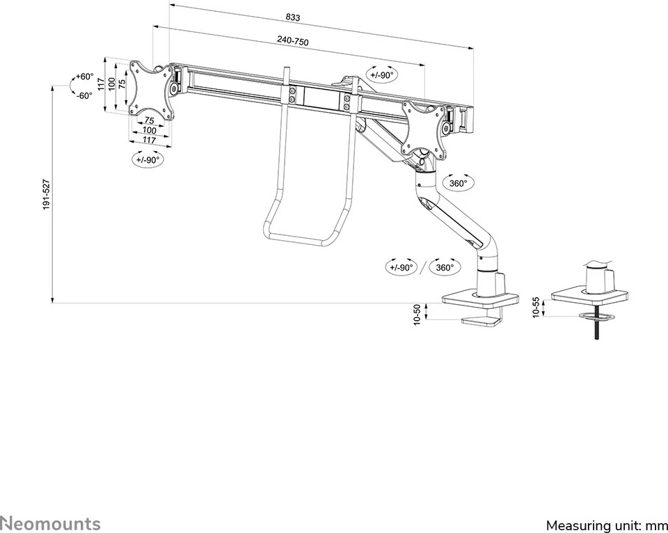 Krah monitori Neomounts DS75S-950WH2, për 2 ekrane, gas spring, Topfix, bardhë