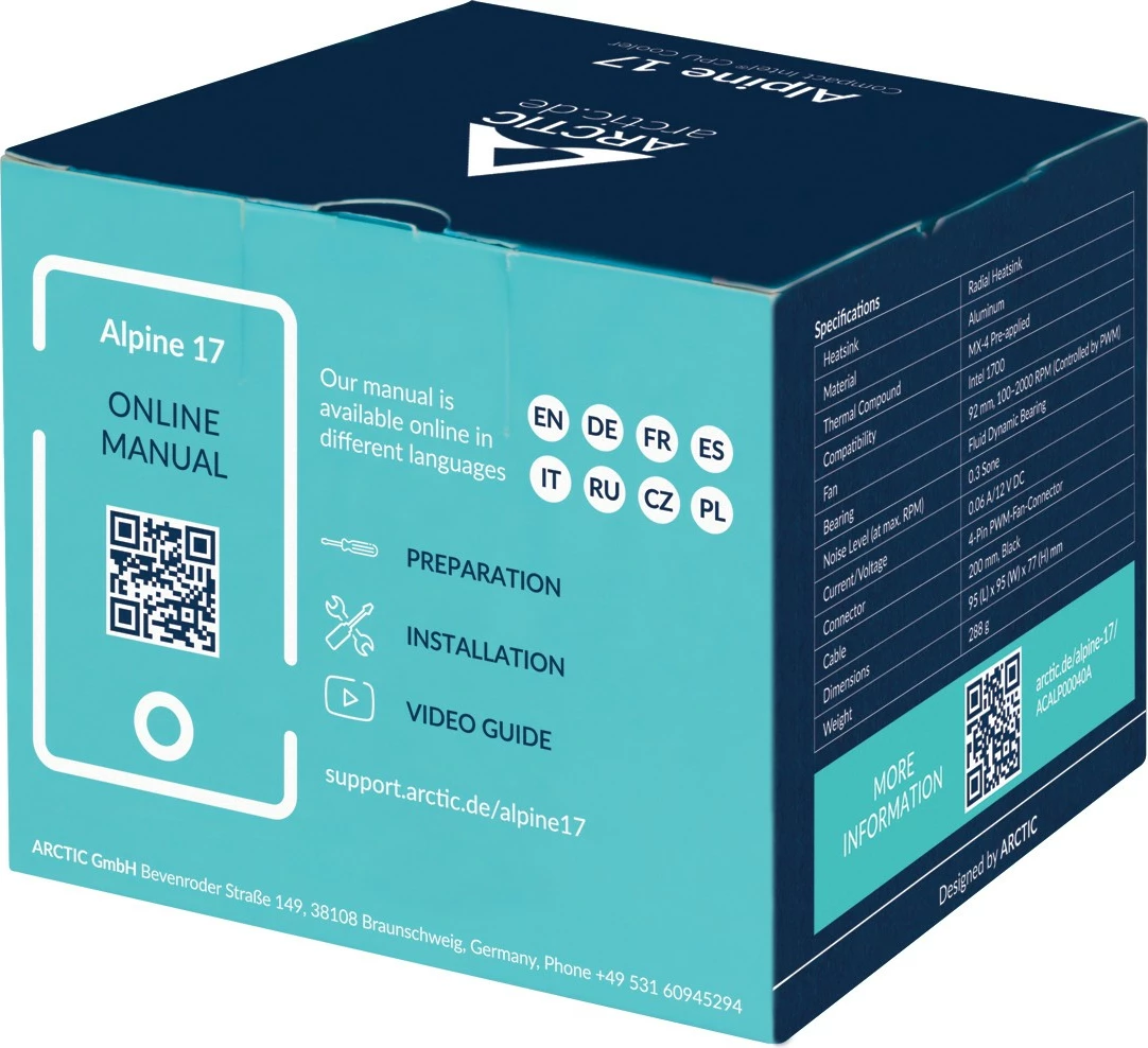 Ftohës CPU ARCTIC Alpine 17, Air cooler, 9.2 cm, 100-2000 RPM, i zi