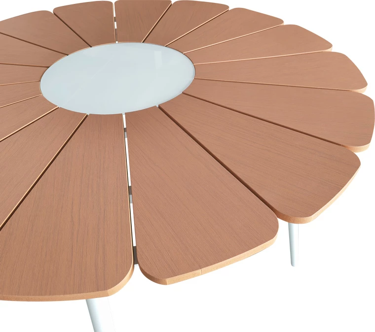 Set tavolinë me karrige Pinap-Dashiell, alumin i bardhë, kompensatë natyrale, 5 copë, Φ110x74cm