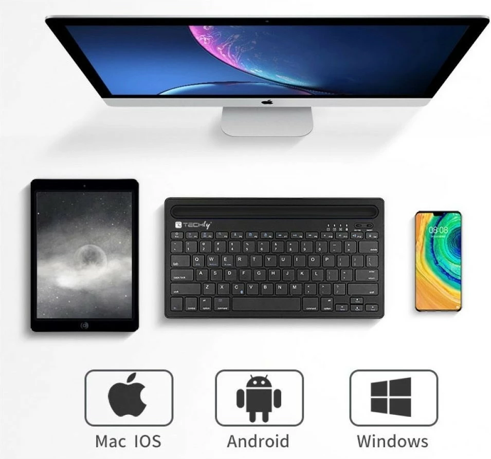 Tastierë Bluetooth Techly ICTBK102U me mbajtëse për tabletë dhe telefon, e zezë