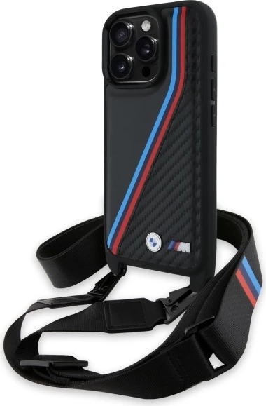 Mbështjellës BMW M Edition Carbon me vija trikolore dhe rrip për iPhone 16 Pro Max, Zi