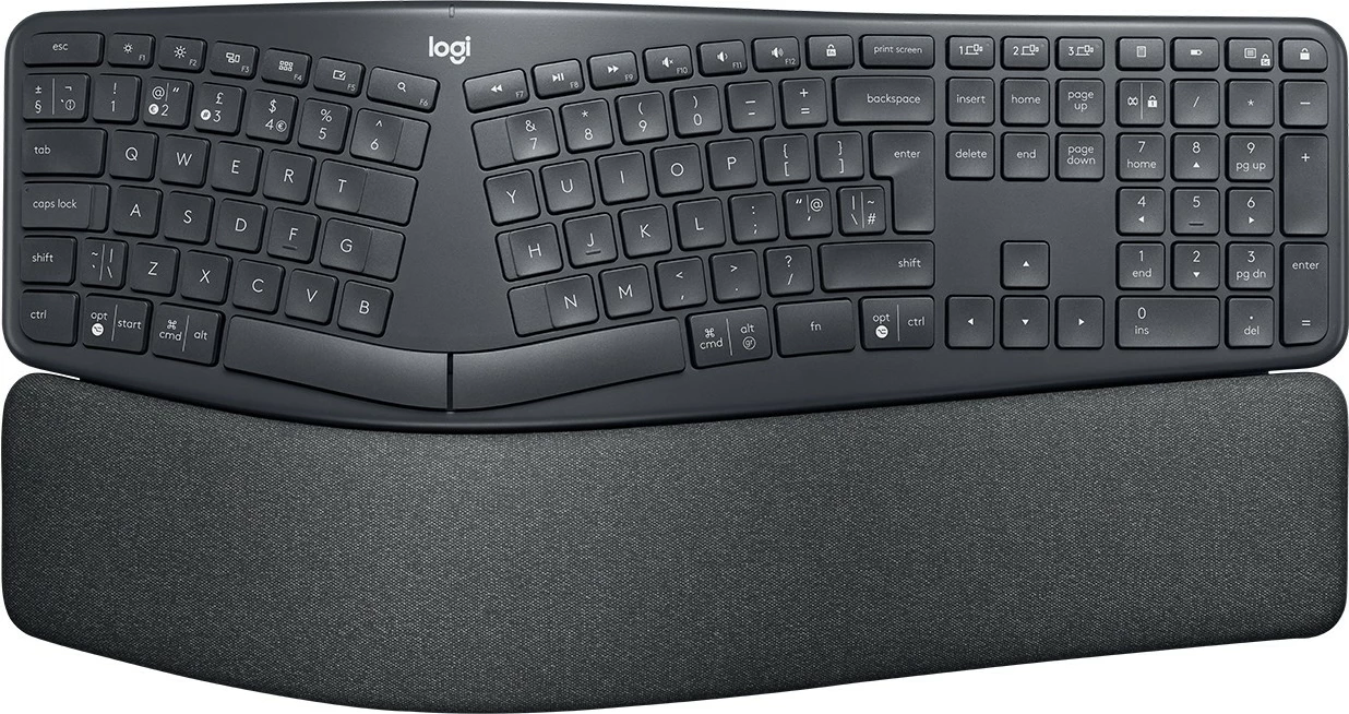Tastierë Logitech ERGO K860, Full-size, Wireless, RF Wireless + Bluetooth, Graphite