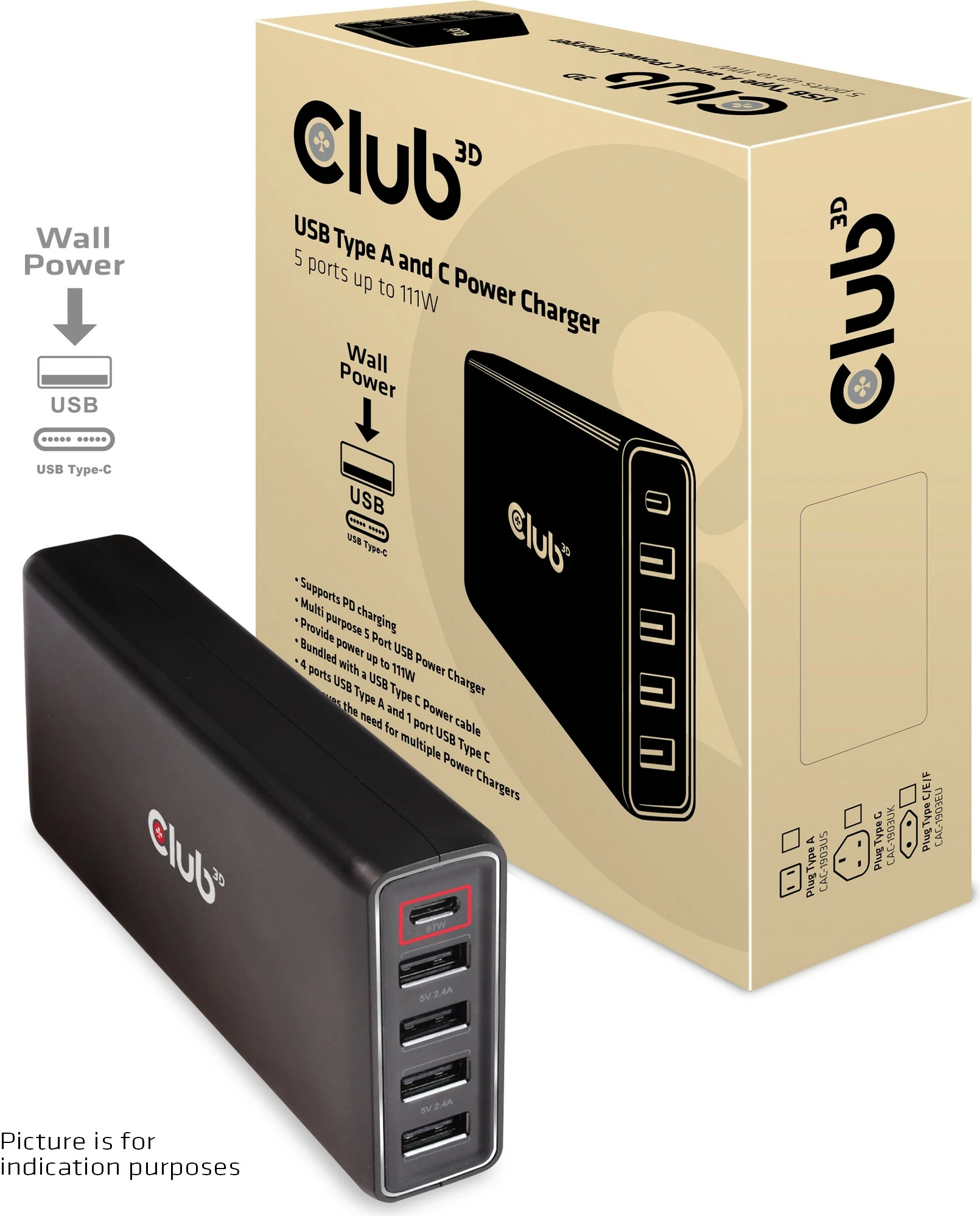 Karikues i shpejtë Club3D, 1x USB Type-C, 4x USB Type-A, 111W, i zi