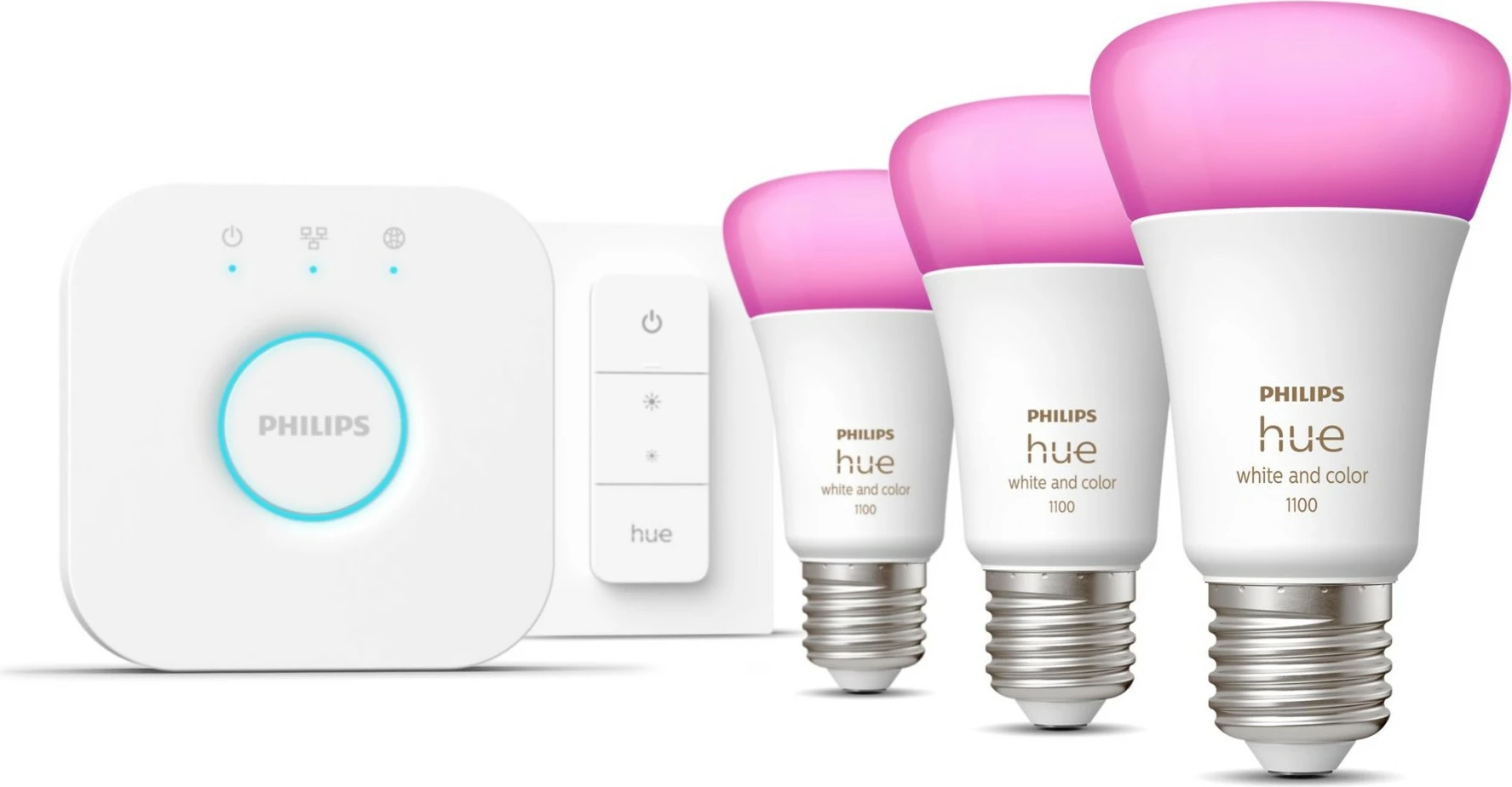 Kit ndriçimi i mençur Philips Hue, 3 llampa E27, dimmer switch, Bluetooth/Zigbee, Bardhë