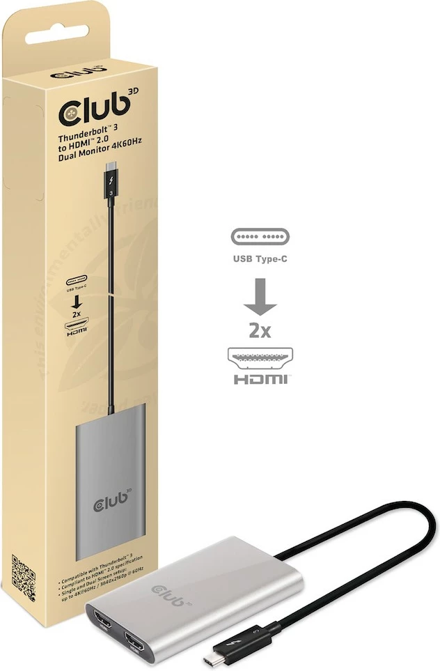 Adapter Thunderbolt 3 në 2x HDMI Club3D, 4K@60Hz, argjendtë