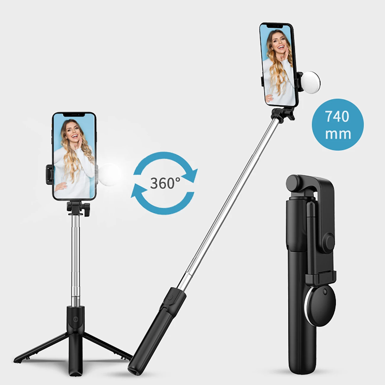 Selfie stick Hurtel WR1YXS me tripod teleskopik, llambë LED, Bluetooth, 71 cm, e zezë