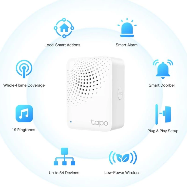 Smart hub TP-Link Tapo H100 alarm 90 dB lidhje me konsum të ulët deri 64 pajisje e bardhë