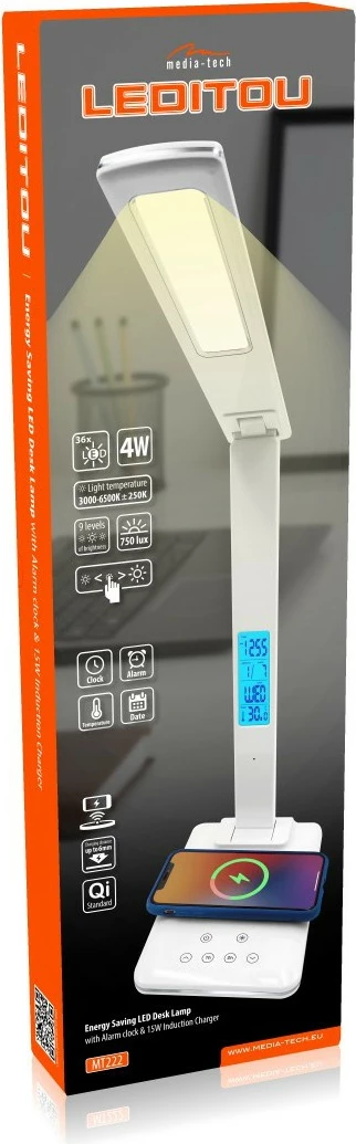Llambë tavoline Media-Tech MT222 me karikues wireless, LED display, Bardhë
