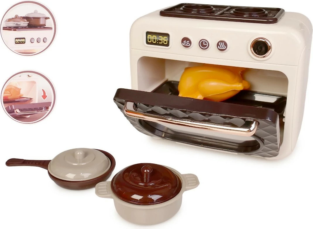 Sobë/furrë lodër me dritë, Artyk, 180507, me melodi, 12 cm, punon me 2x AA (pa bateri), set tigan + tenxhere + gjeldeti, bezhë/kafe/krem