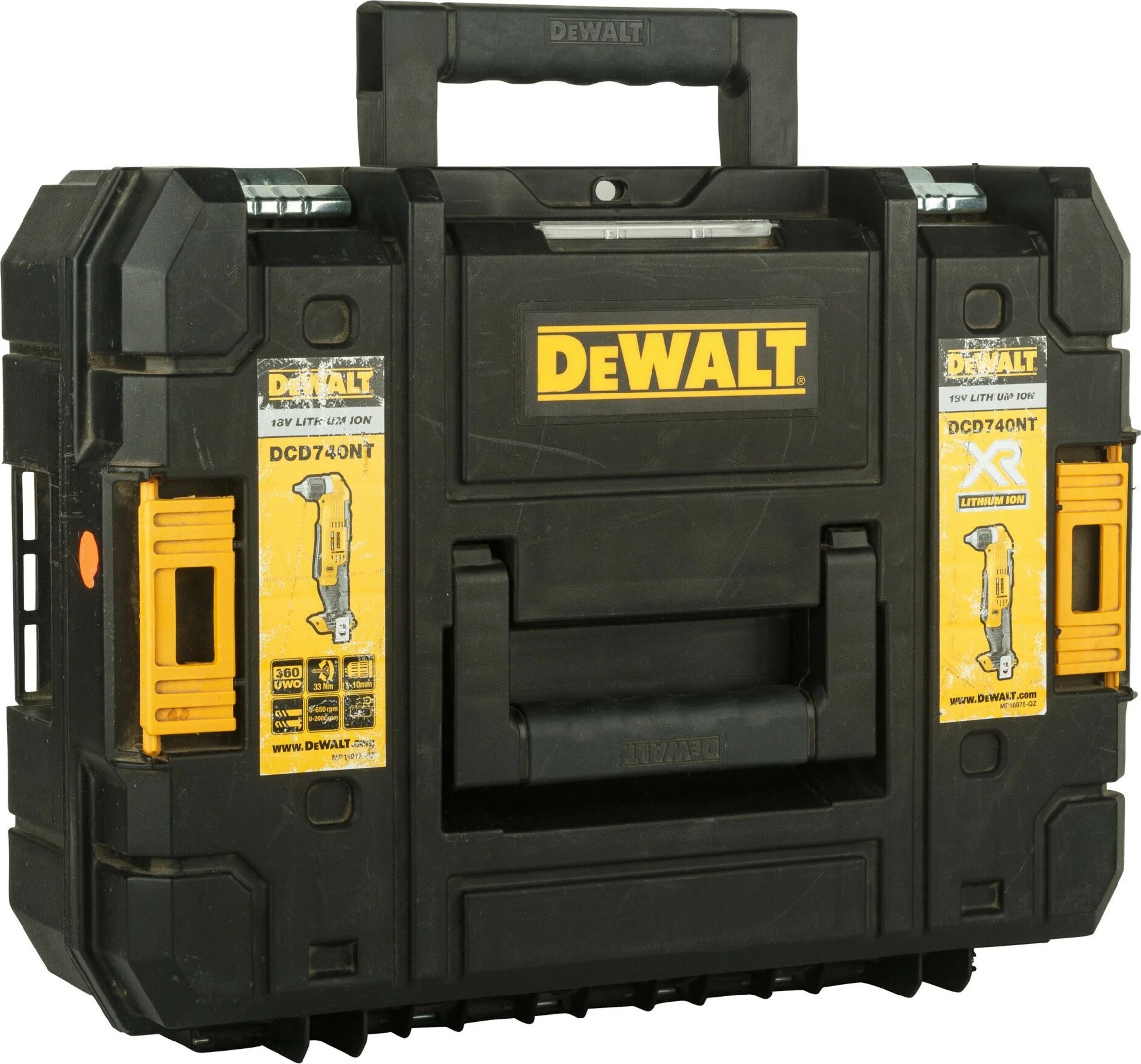 Makineri shpimi këndore DeWALT DCD740NT-XJ, 18V, 1.5Ah, pa çelës, zi/verdhe