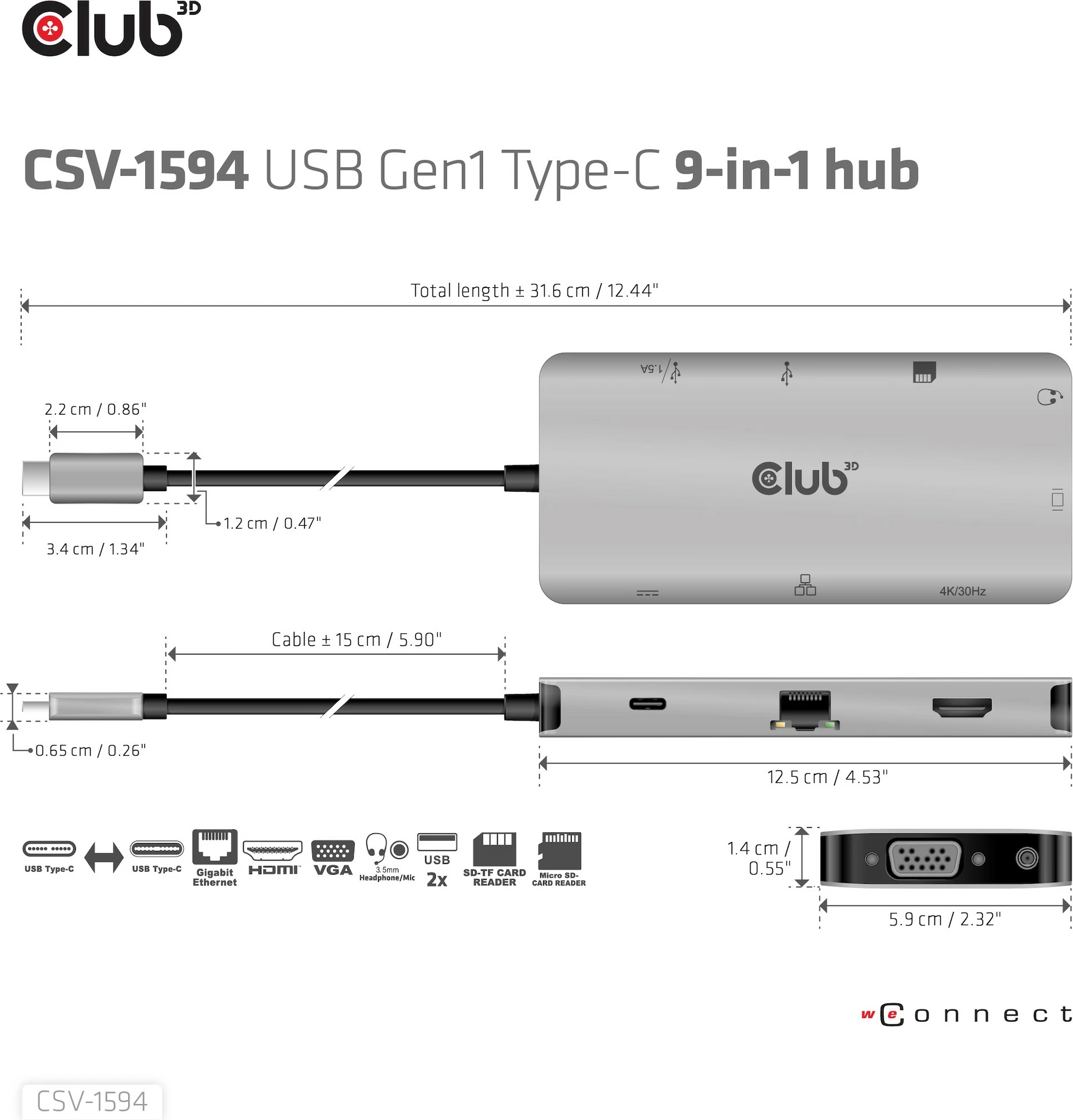HUB USB-C Club3D 9in1, HDMI VGA 2xUSB RJ45 SD, 100W, zi/gri