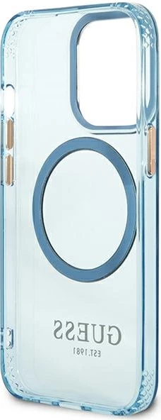 Mbështjellës Guess Gold Outline Translucent MagSafe për iPhone 13 Pro / iPhone 13, Blu