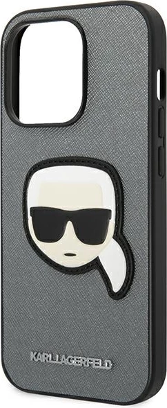 Mbështjellës Karl Lagerfeld KLHCP14XSAPKHG për iPhone 14 Pro Max 6.7", hardcase, Saffiano Karl's Head Patch, argjendtë