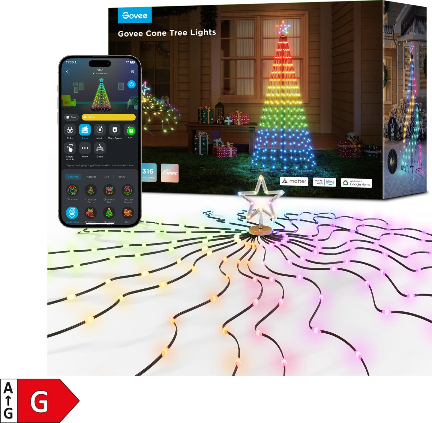 Drita dekorative smart Govee Cone Tree Lights RGBIC, IP65, 66 skena, me kontroll zanor, multicolor, set me 6 kunja