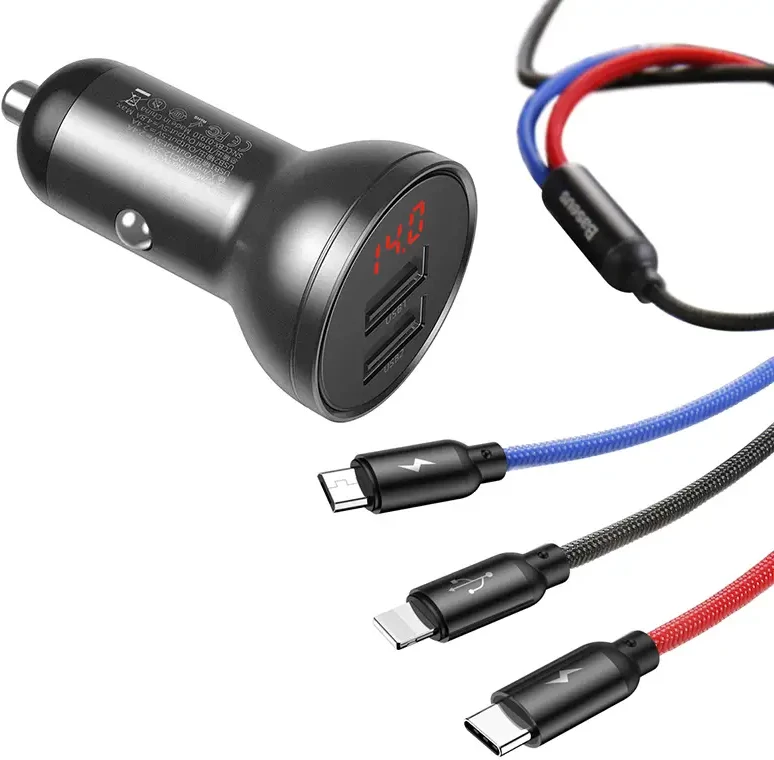 Karikues veture Baseus TZCCBX-0G, 24W, me ekran, 2x USB-A, kabllo 3-në-1, 1.2m, argjendtë