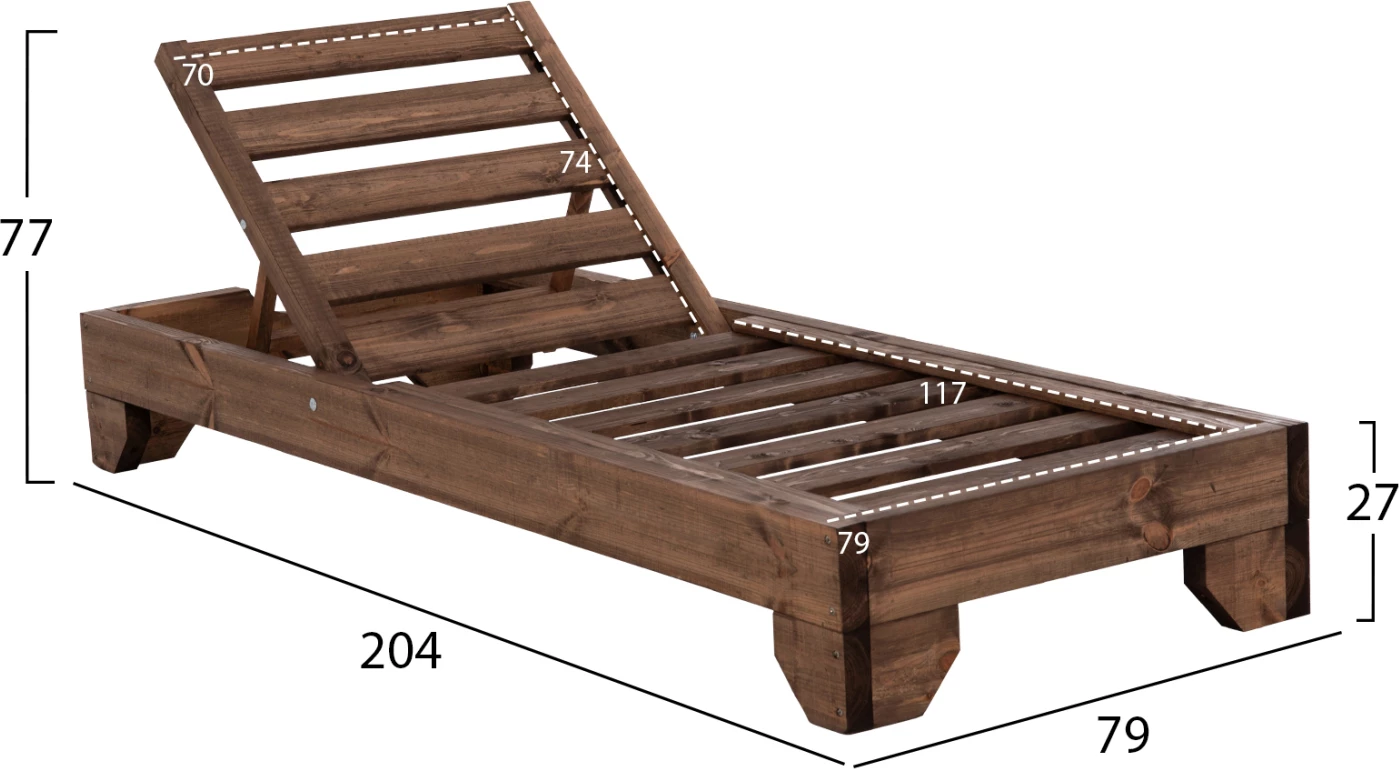 Shezlong plazhi heavy-duty KORINOS, dru pishe i trajtuar, ngjyrë arre, 79x204x77cm