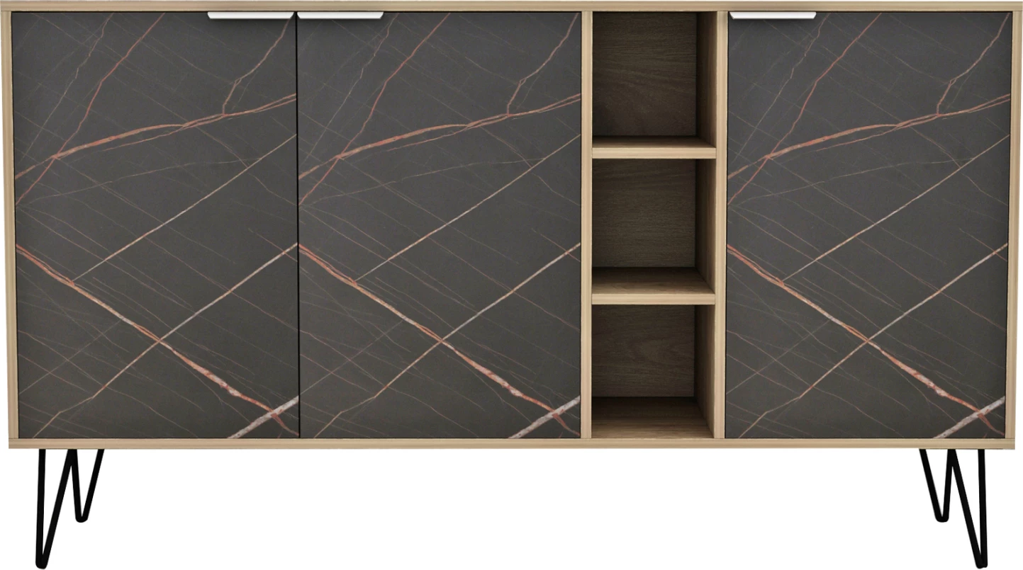 Bufe CABRON FH8874.12 melaminë në ngjyrë Sonama-mermer i zi dhe këmbë metalike të zeza 142x40x83H cm