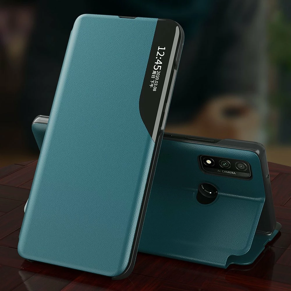 Mbështjellës Hurtel Eco Leather View Case për Samsung Galaxy A02s EU, me kapak dhe qëndrim, i zi