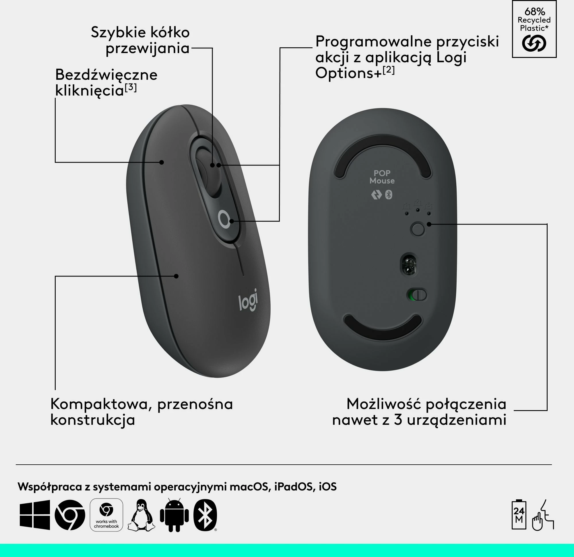 Maus Logitech POP 910-007412 4000 DPI Bluetooth wireless Graphite