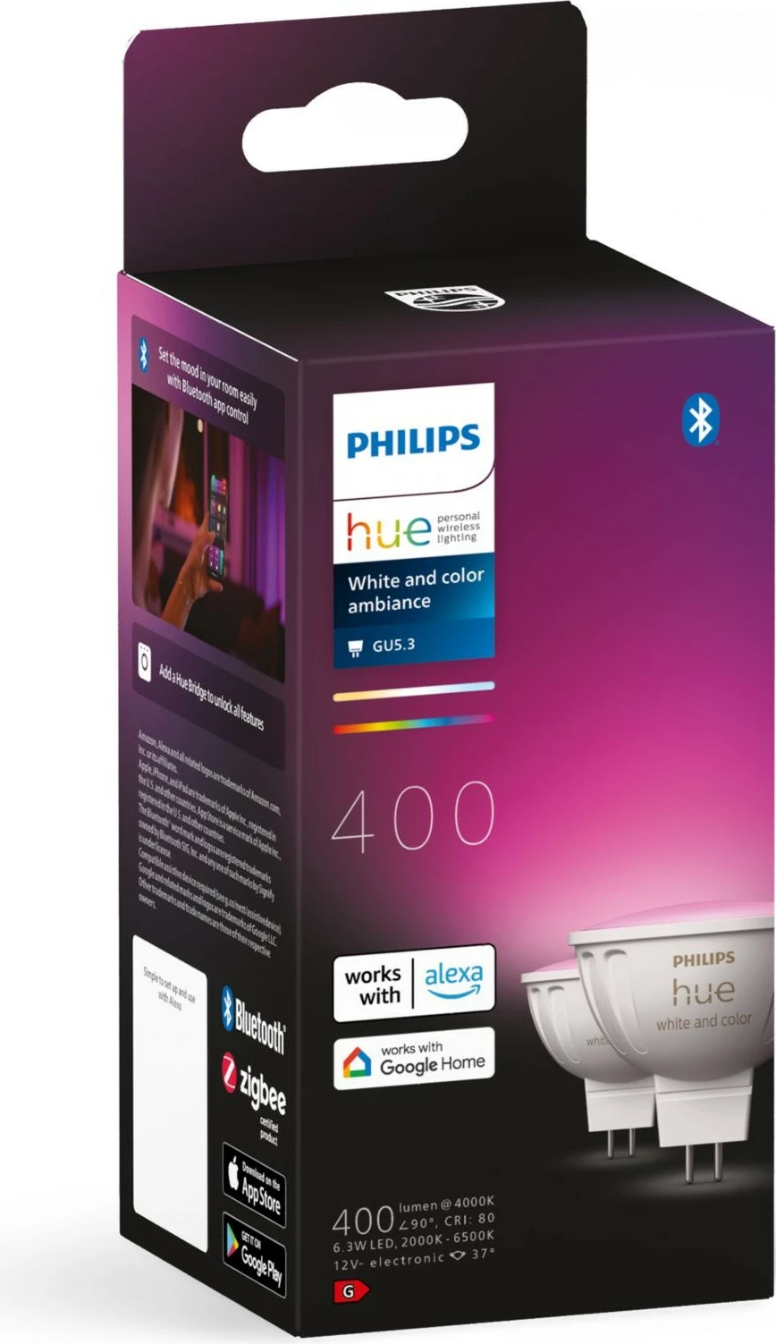 Llambë smart Philips Hue MR16, LED, GU5.3, Bluetooth/Zigbee, e bardhë, ngjyra