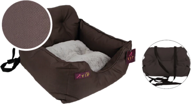 kushin shtrat për veturë për qen Tramp VIP MAYA, antibakterial, me rripa fiksimi dhe rrip sigurie, 53×50×35 cm, kafe e errët