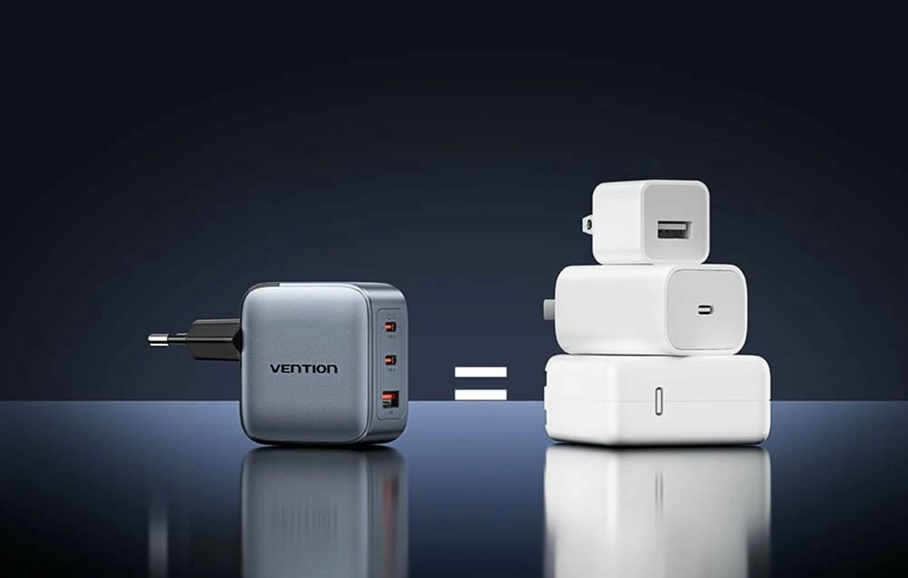 Karikues Vention GaN FEXH0-EU 70W me 2x USB-C + 1x USB-A, gri