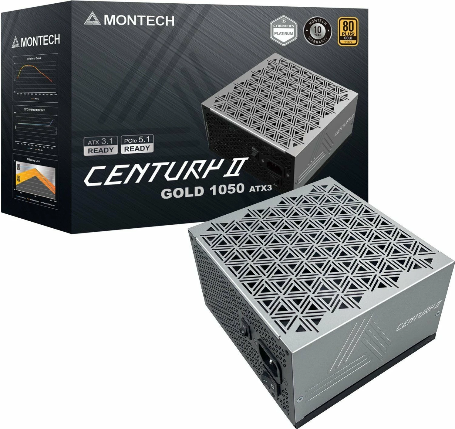 Furnizues rryme Montech Century II Gold 1050W ATX 3.1, fully modular, 80 Plus Gold, ngjyrë argjendi