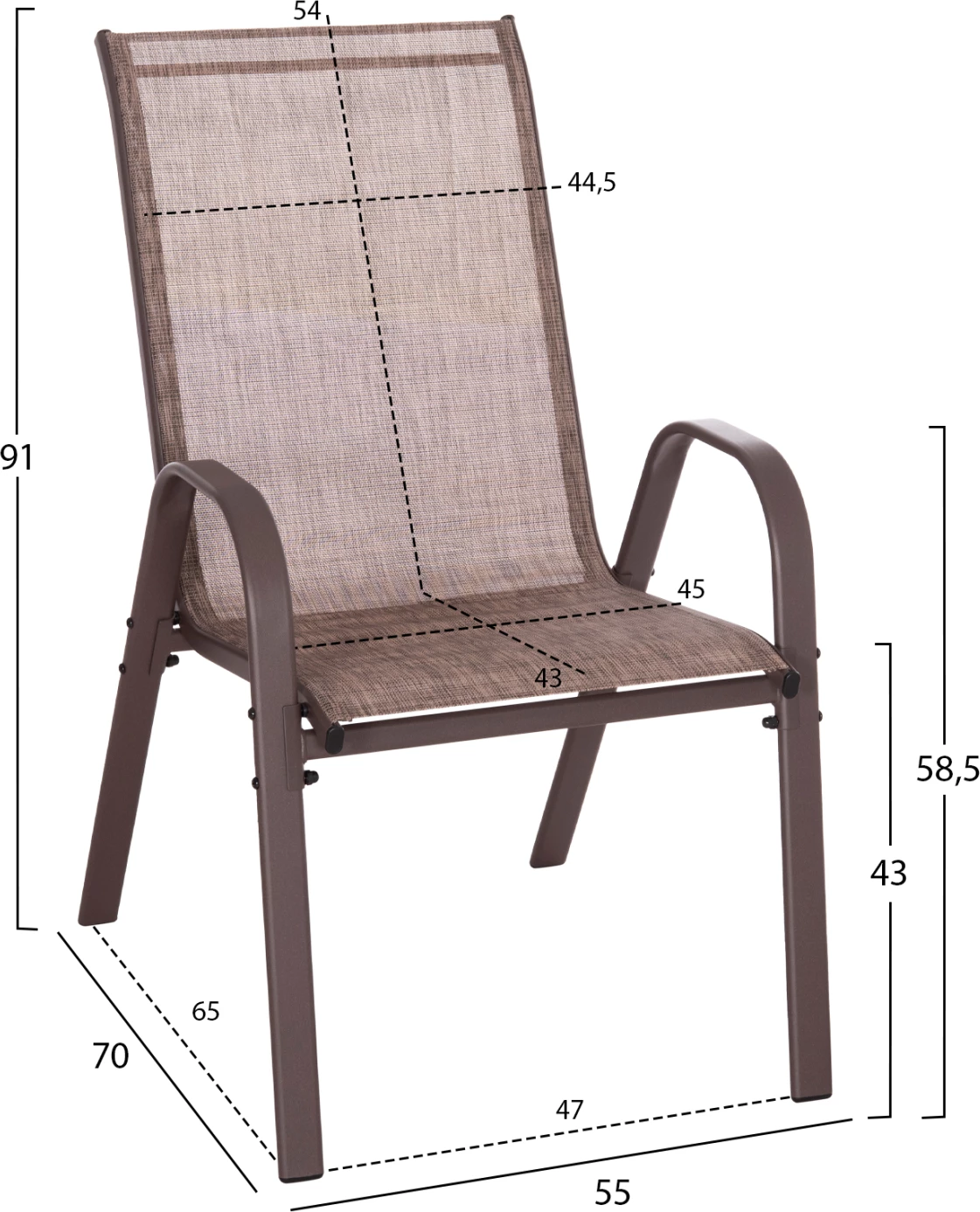 Karrige për jashtë LEON, kornizë metali ngjyrë kafe & tekstilene-4 copë, 55x70x91Hcm., set prej 4 copësh