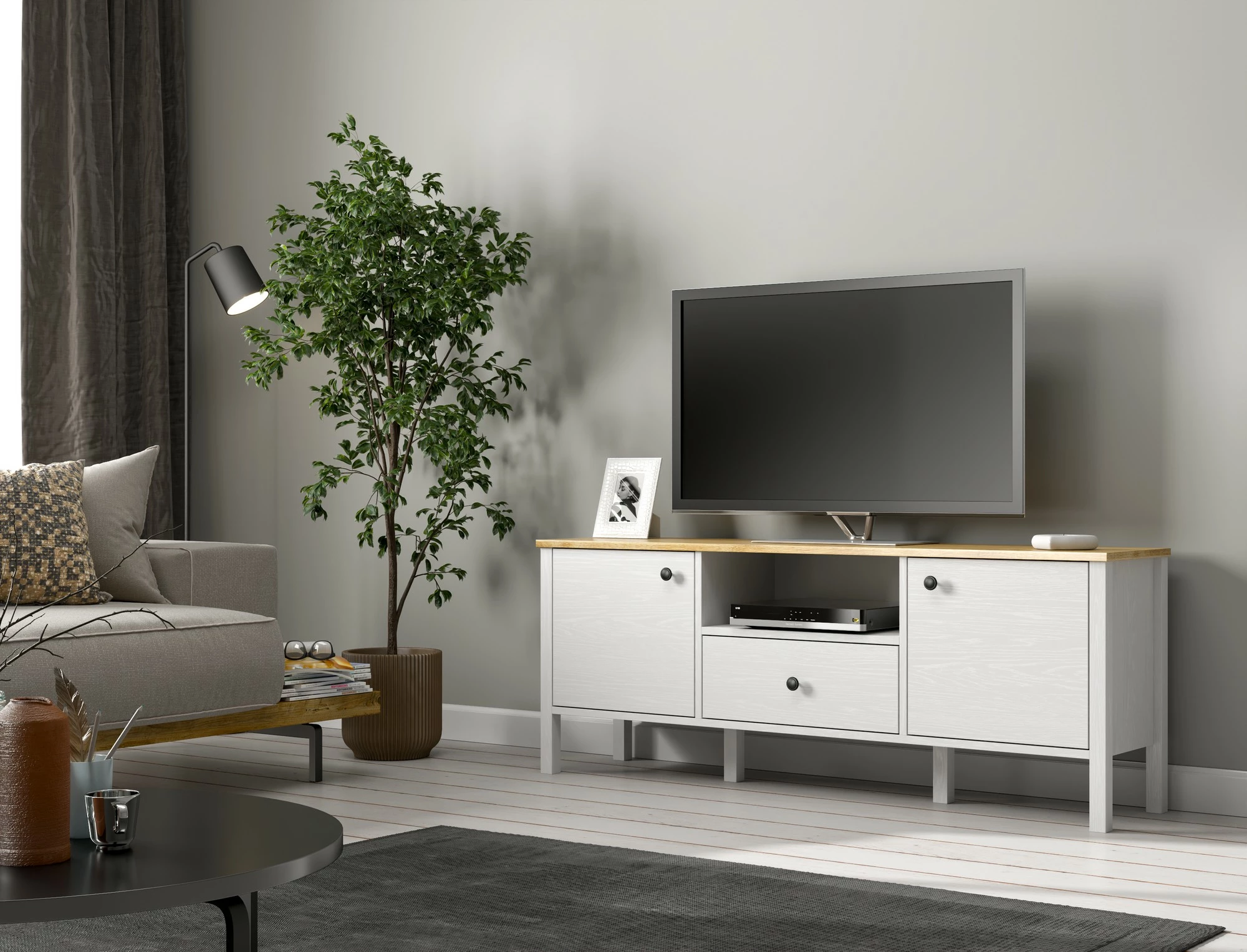 Komodë për TV, ngjyrë druri dhe e bardhë, FRN-20057