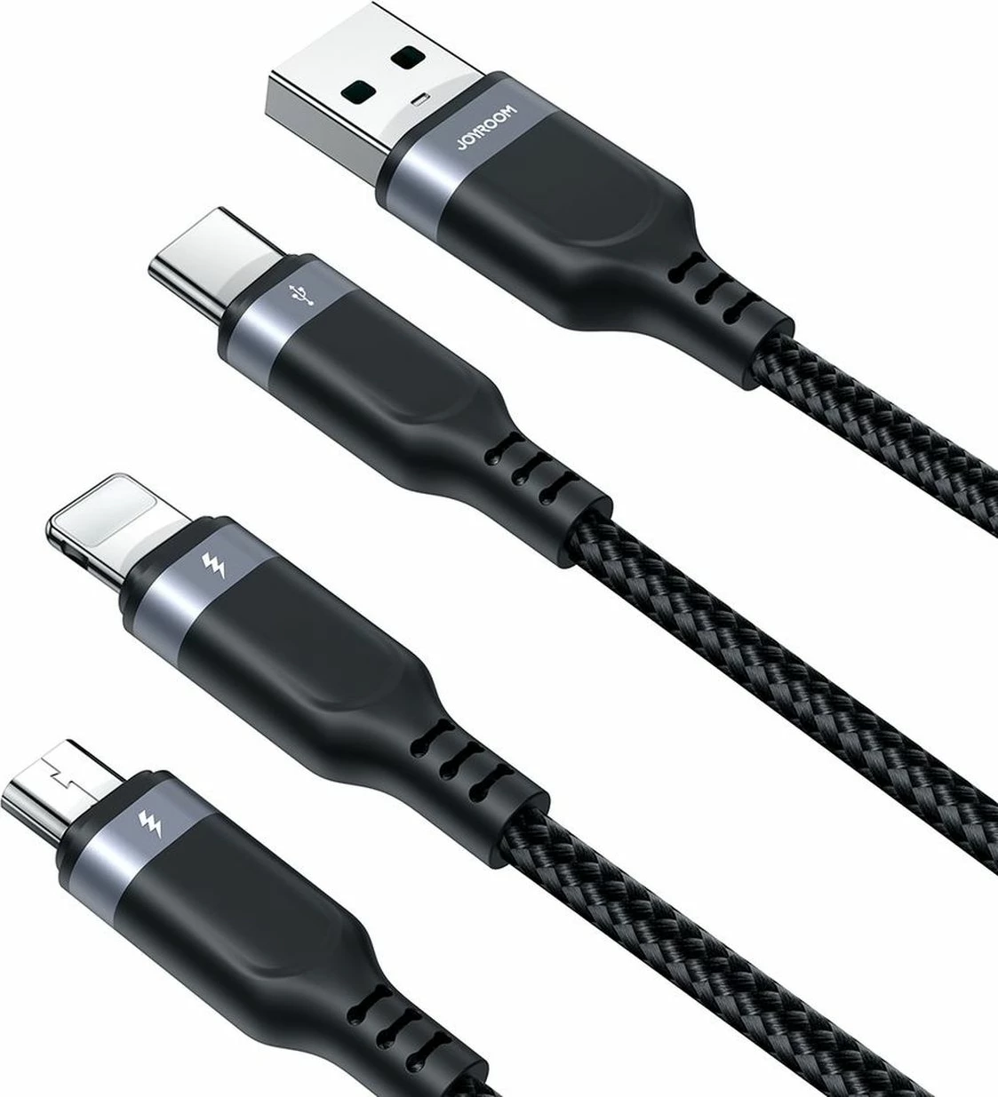 Kabllo 3-në-1, Joyroom S-A18, USB-A në Lightning+USB-C+MicroUSB, 1.2 m, 3.5A, USB 2.0 480 Mbps, e zezë