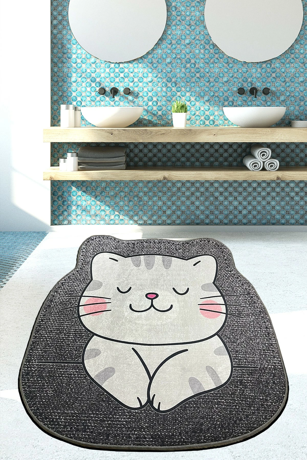 Tapet për banjo, dizajn mace, ngjyrë gri, Mijölnir Neko, 160 cm