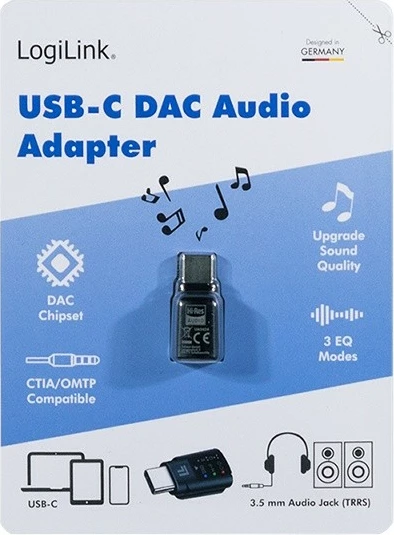 Adapter audio LogiLink KKLLIZ000UA0424, USB-C në 3.5mm, me DAC dhe EQ, Zi