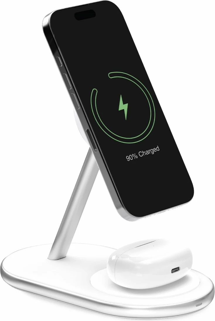 Stacion karikimi wireless 2n1 Puro Mag Station PUFCCSQIMAG5WHI, 15W, MagSafe, me kabllo USB-C, Bardhë