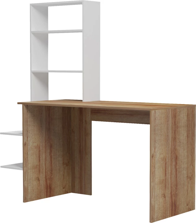 Tavolinë pune Bivoro me raft, ngjyrë lis e bardhë, 146x55x129cm