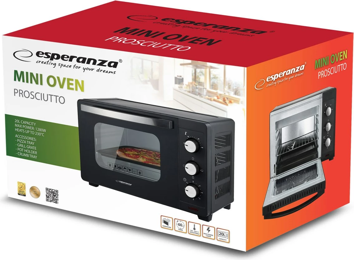 Mini furrë Esperanza EKO008N, 20 litra, 1280 W, e zezë