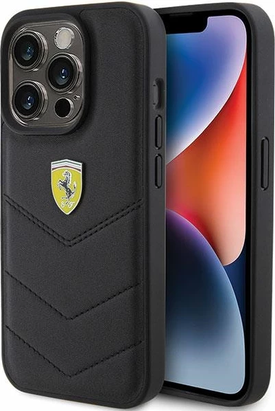Mbështjellës Ferrari Quilted Metal Logo për iPhone 15 Pro, i zi