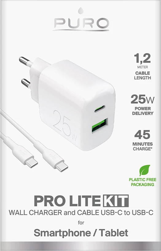 Karikues muri Puro PROLITE 25W me USB-A/USB-C + kabllo USB-C në USB-C 1.2m, Bardhë