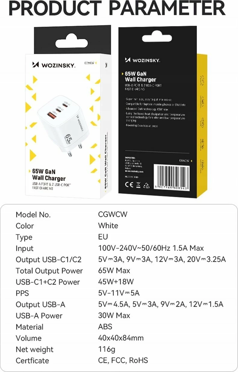 Karikues rrjeti Wozinsky CGWCW 65W GaN, 2x USB-C + 1x USB-A, Quick Charge, i bardhë
