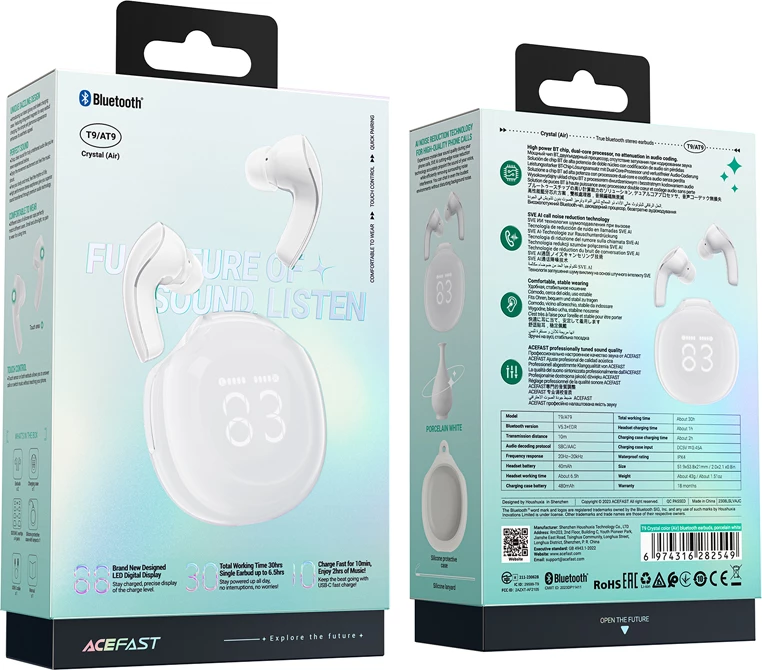 Kufje Acefast T9, wireless, Bluetooth 5.3, me ekran LED, të bardha