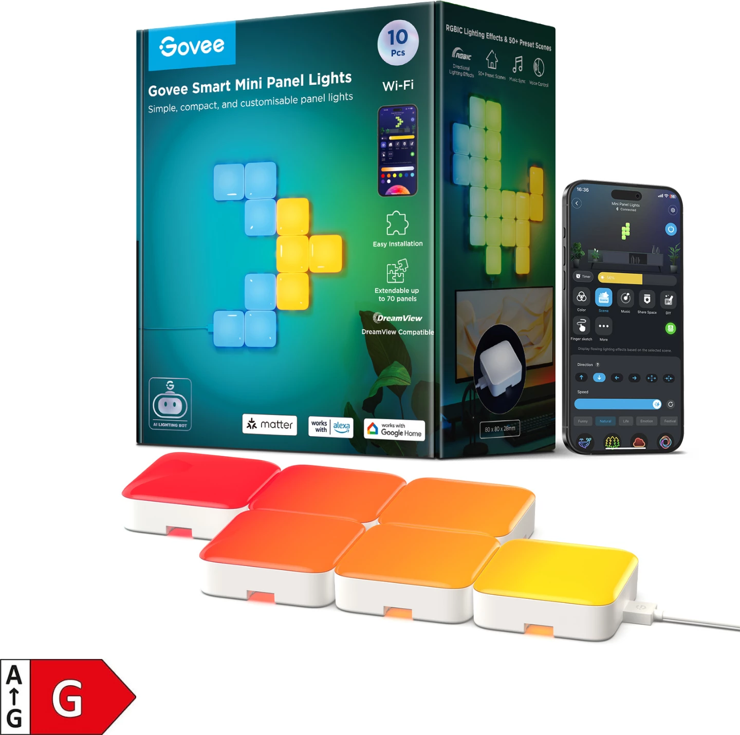 Panel dritash LED smart Govee Mini Panel Lights, RGBIC, Wi‑Fi, Matter, 10 copë