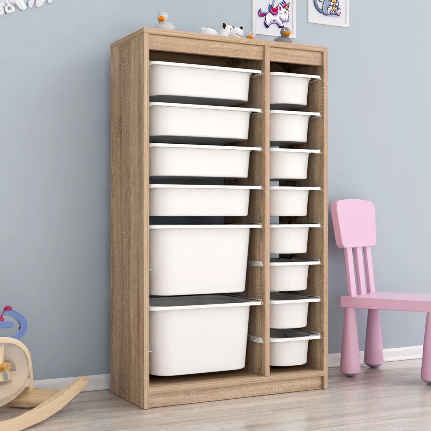 Komodinë me sirtarë SANI FH18202.03 melaminë, ngjyrë sonama, 14 sirtarë plastikë të bardhë, 69x29.6x112.2 cm